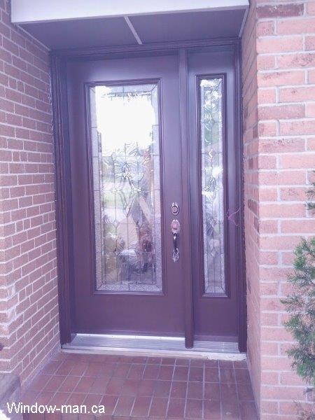 Front entry door. Single steel insulated brown full stained glass and sidelight. Northbay stained glass catalog. 90 inches height. Beveled Glass with patina caming